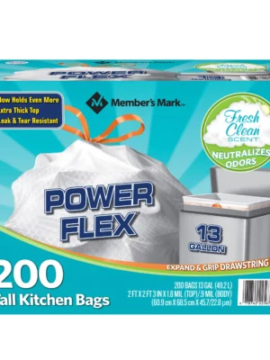 Member's Mark Power Flex Tall Kitchen Drawstring Trash Bags (13 gal., 200 Ct.)